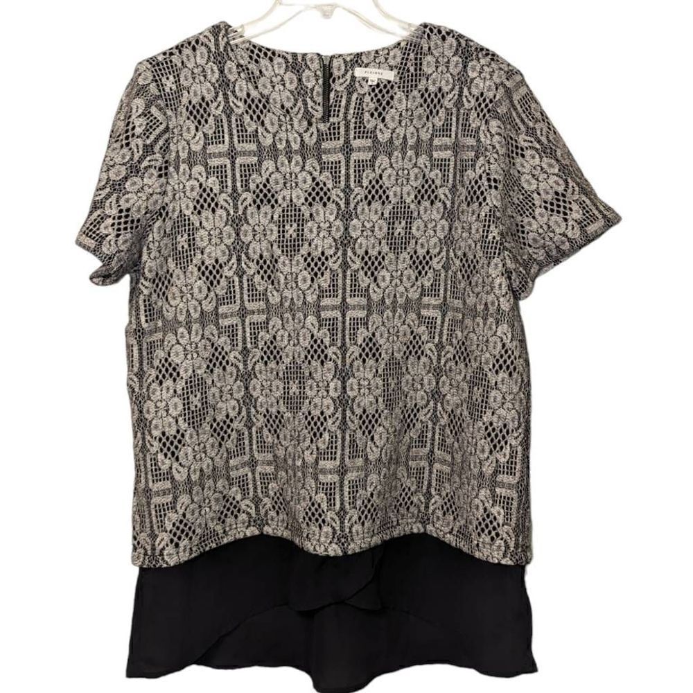 Pleione Women's Floral Lace‎ Pattern Short Sleeve Blouse Top Black Large